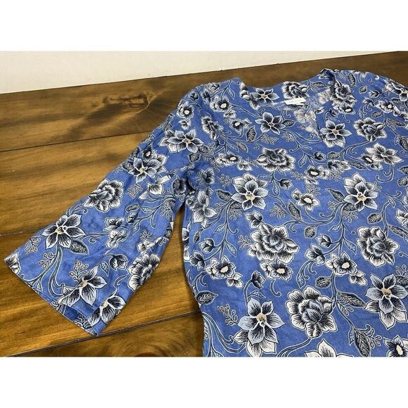 J.Jill Love Linen Blue Floral 3/4 Sleeve Relaxed Fit Popover Top Size Large - Picture 4 of 9